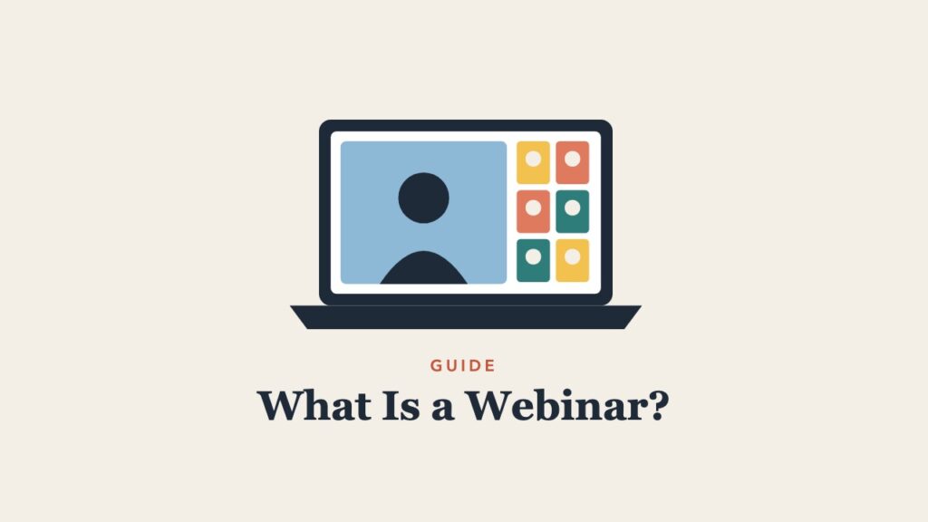 Illustration of a laptop showing a webinar presenter and attendee video tiles
